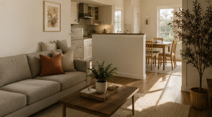 Warm, sunlit living room of the Anointed Home Group residence