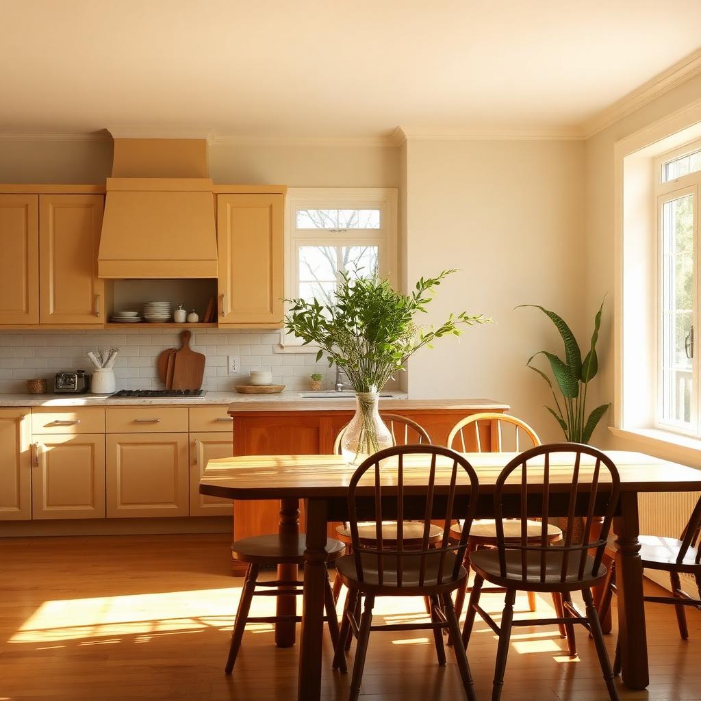 Warm dining room with wooden table and chairs in natural light